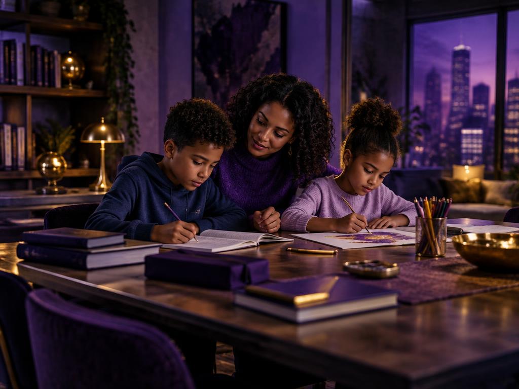A parent helping children with schoolwork