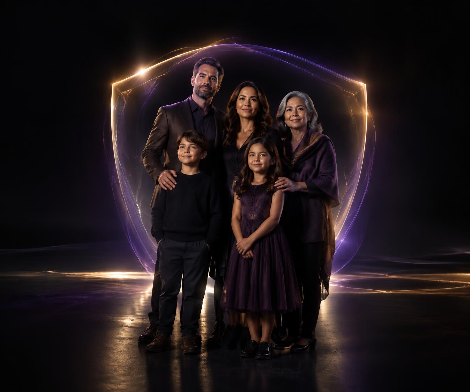 A multigenerational family surrounded by a protective digital shield